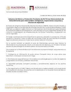 Aduanas de México y Protección Fronteriza de EU firman convenio para intercambiar información